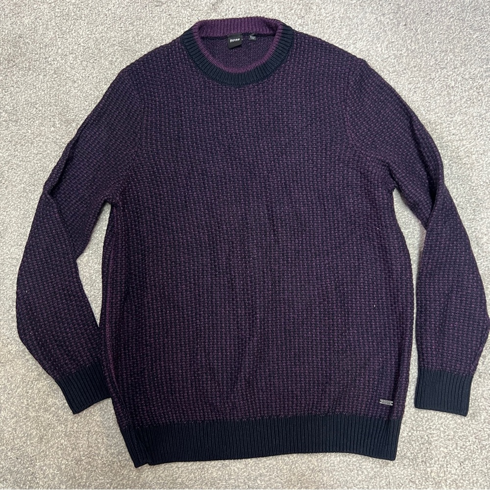 Hugo Boss Sweater Mens XXL Purple Navy Blue Chunky Knit Crewneck Pullover Casual